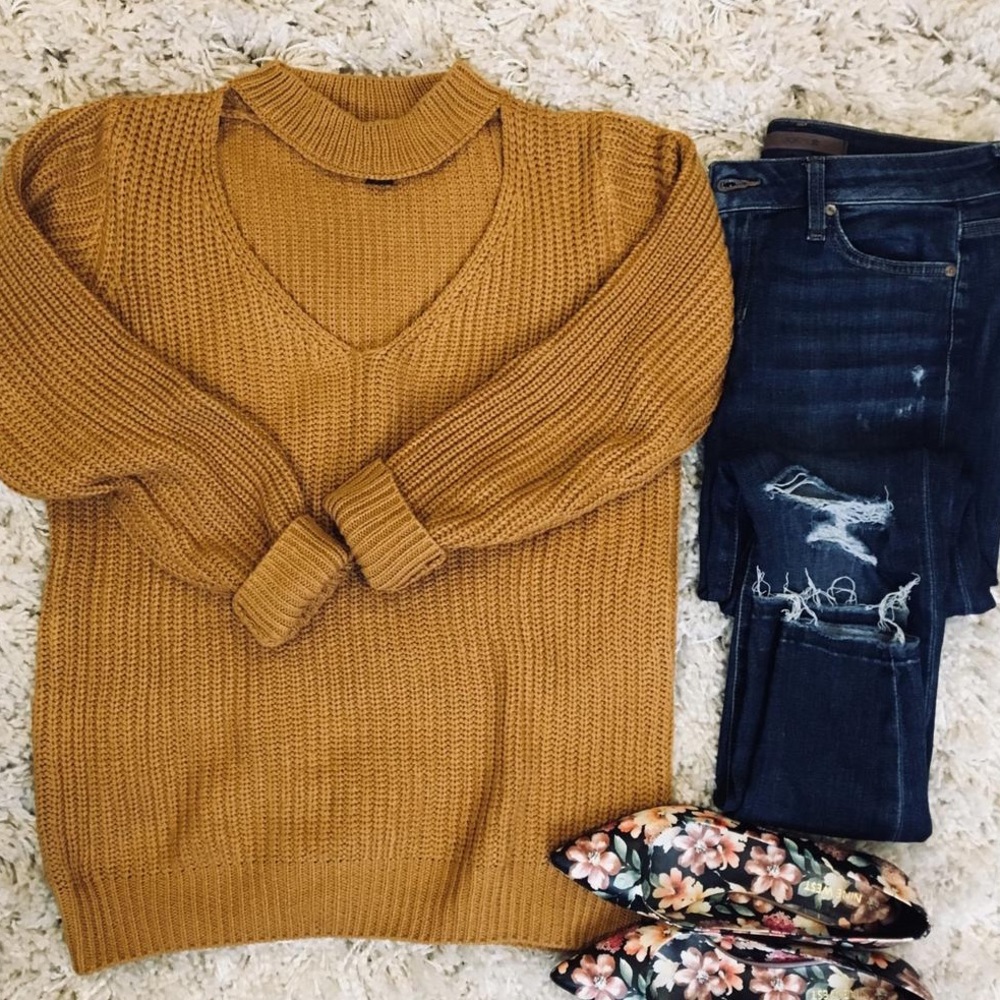 Oversized Mock Neck Cut Out Choker Sweater